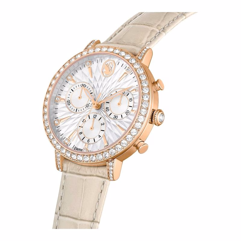 Matrix Tennis Chrono Uhr, Swiss Made, Lederarmband, Beige, Roségoldfarbenes Finish