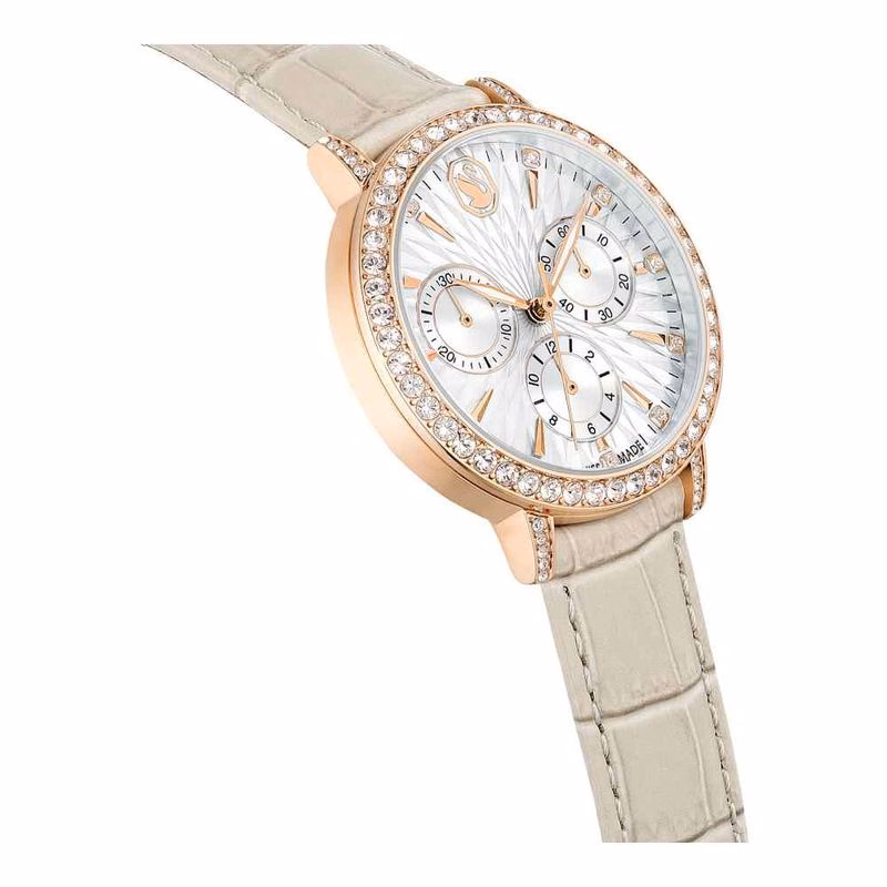 Matrix Tennis Chrono Uhr, Swiss Made, Lederarmband, Beige, Roségoldfarbenes Finish