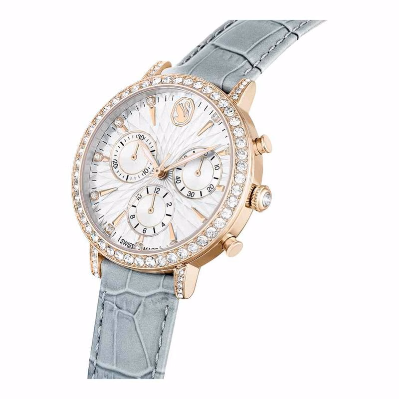 Matrix Tennis Chrono Uhr, Swiss Made, Lederarmband, Grau, Champagnergoldfarbenes Finish