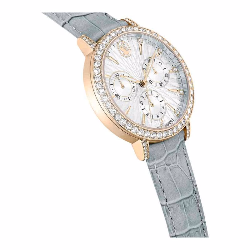 Matrix Tennis Chrono Uhr, Swiss Made, Lederarmband, Grau, Champagnergoldfarbenes Finish