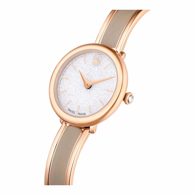 Kristalline Armreifuhr, Swiss Made, Metallarmband, Beige, Roségoldfarben