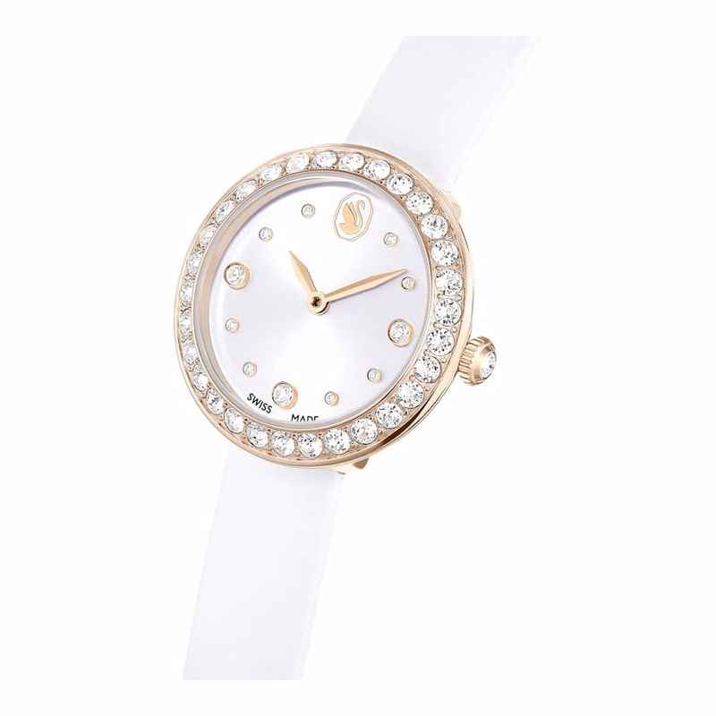 Matrix Tennisuhr, Swiss Made, Lederarmband, Weiß, Champagner-Gold-Finish